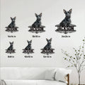 Scottish Terrier metal sign size guide showing six square size options in a home setting