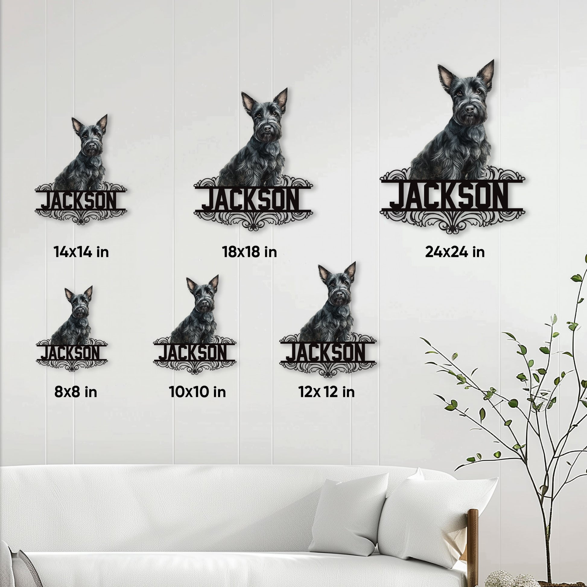 Scottish Terrier metal sign size guide showing six square size options in a home setting
