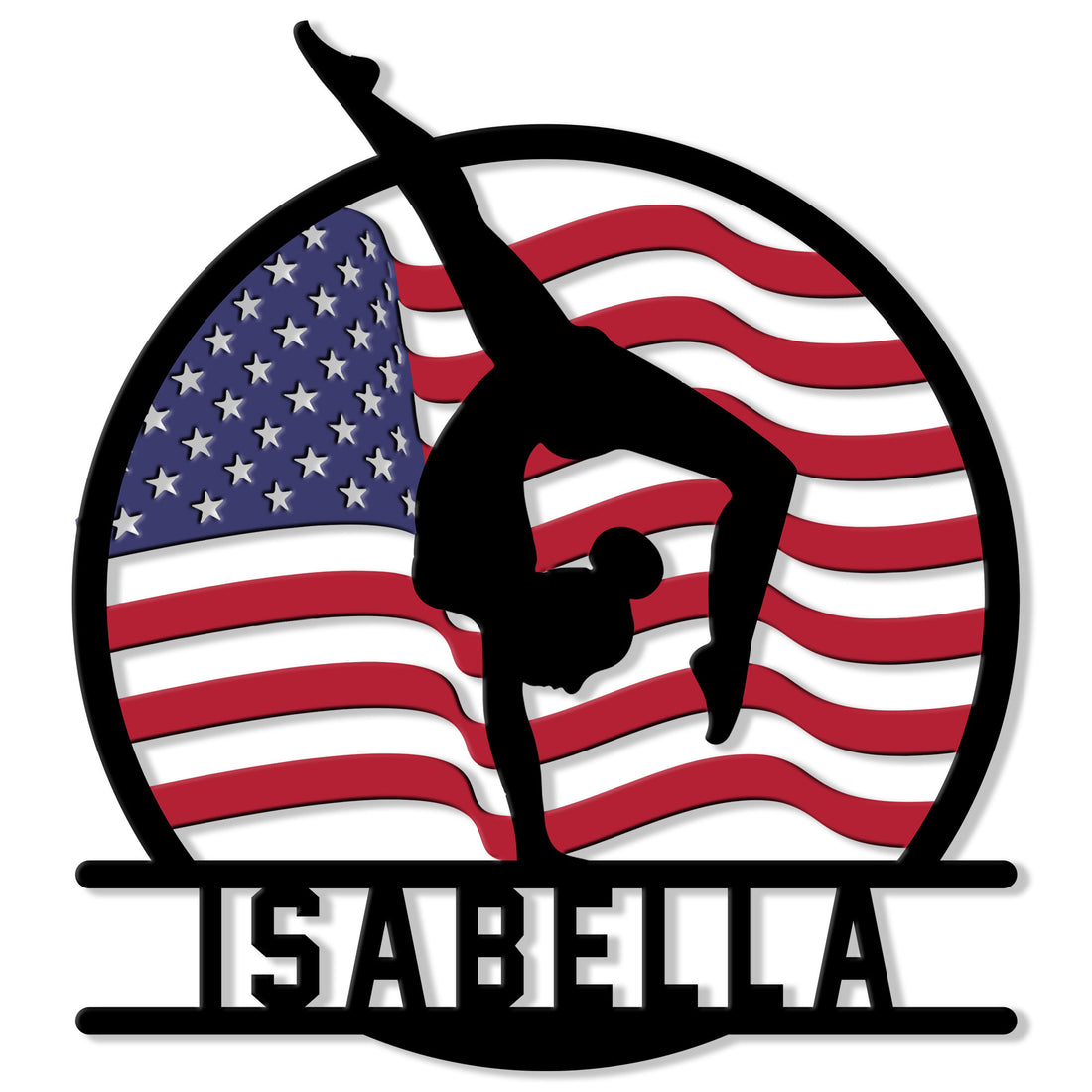 Custom gymnastics metal sign featuring a gymnast silhouette performing on an American flag background