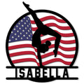 Custom gymnastics metal sign featuring a gymnast silhouette performing on an American flag background