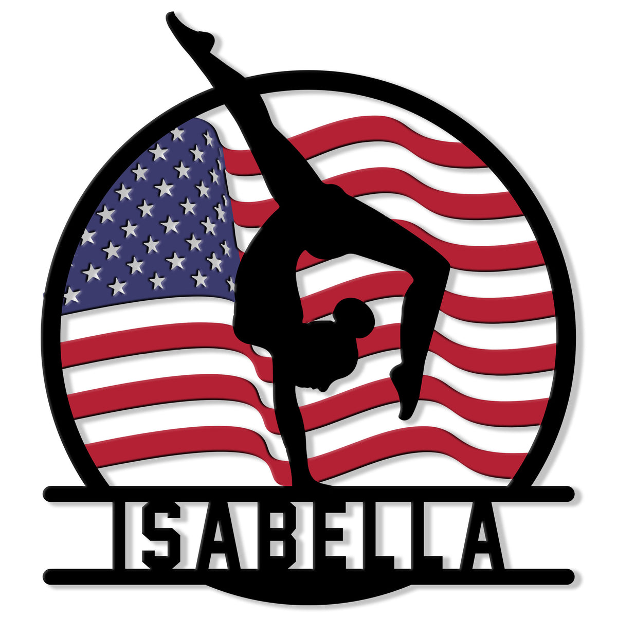 Custom gymnastics metal sign featuring a gymnast silhouette performing on an American flag background