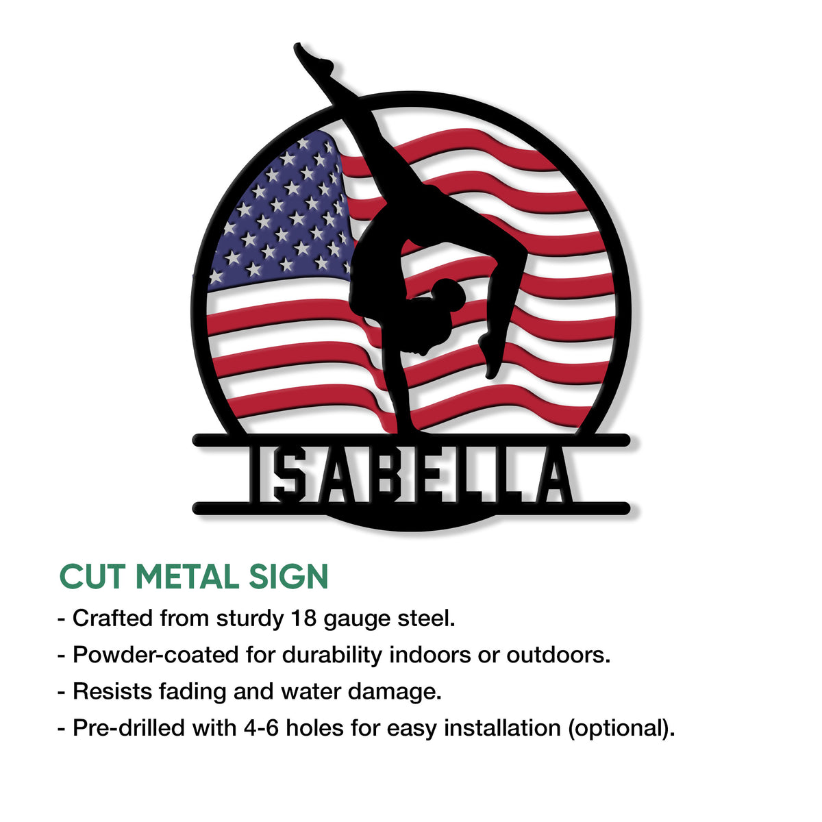 Gymnastics cut metal sign feature graphic showing a patriotic gymnast silhouette design