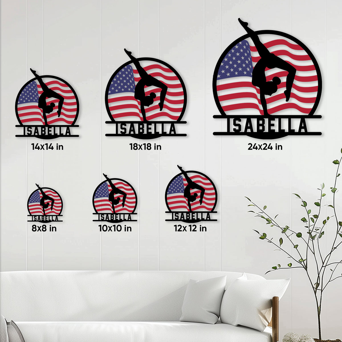Gymnastics metal sign size guide showing six available square size options