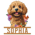 Custom Goldendoodle metal sign featuring a cheerful curly dog portrait framed by colorful flowers and butterflies