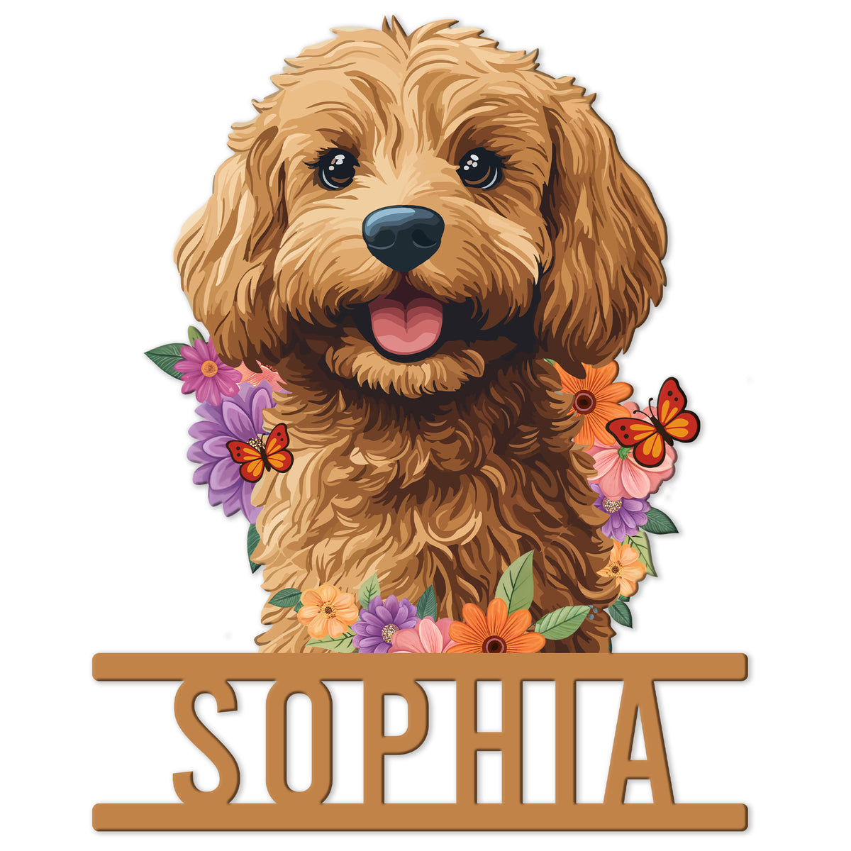 Custom Goldendoodle metal sign featuring a cheerful curly dog portrait framed by colorful flowers and butterflies