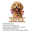 Goldendoodle floral metal sign shown with a cutout design and decorative flower frame