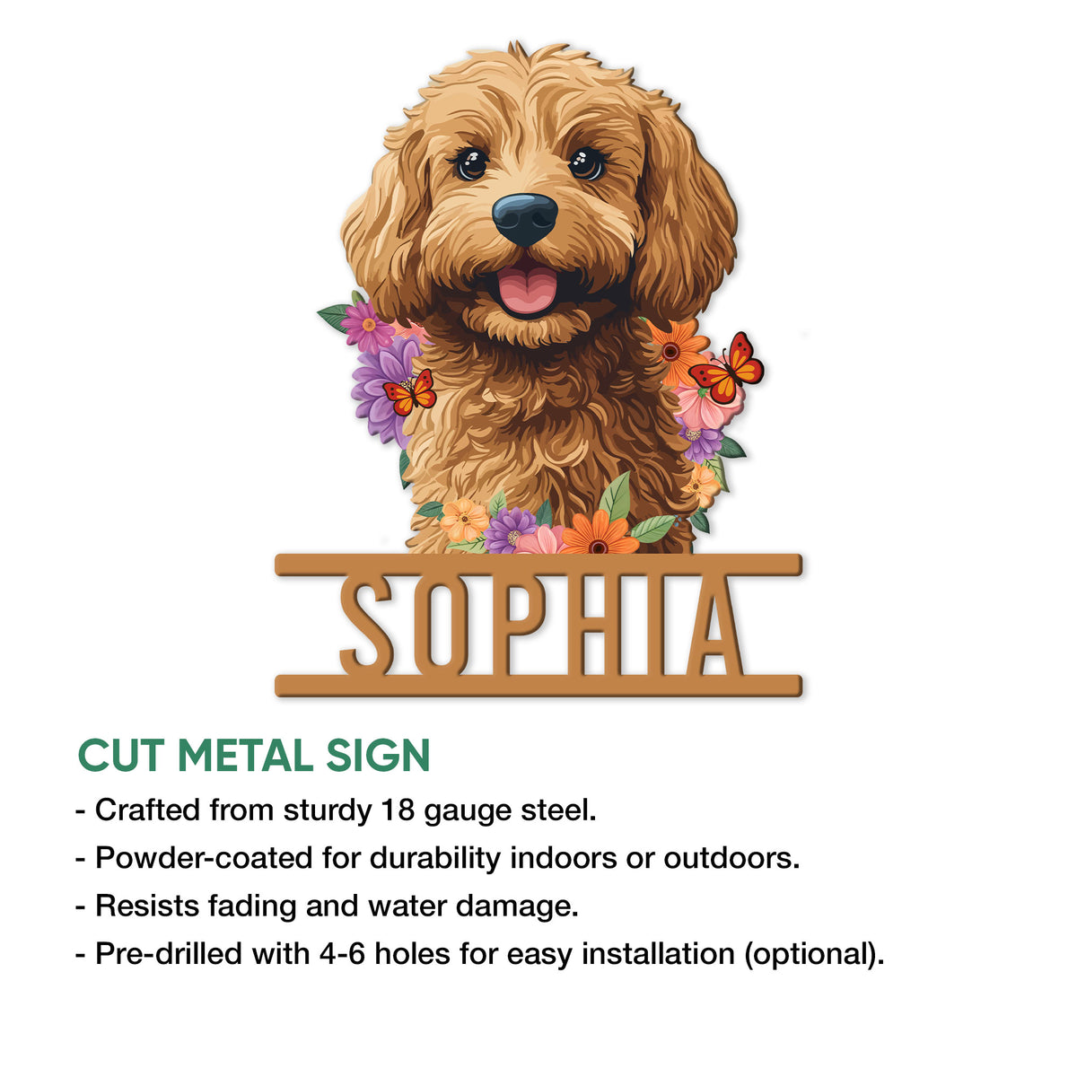 Goldendoodle floral metal sign shown with a cutout design and decorative flower frame