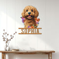 Goldendoodle metal wall sign displayed on a bright paneled wall above a rustic console table