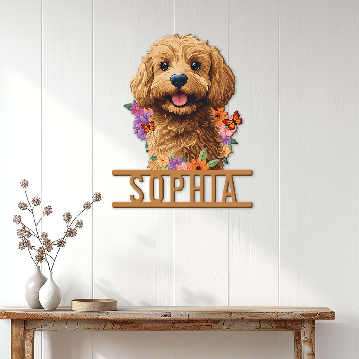 Goldendoodle metal wall sign displayed on a bright paneled wall above a rustic console table
