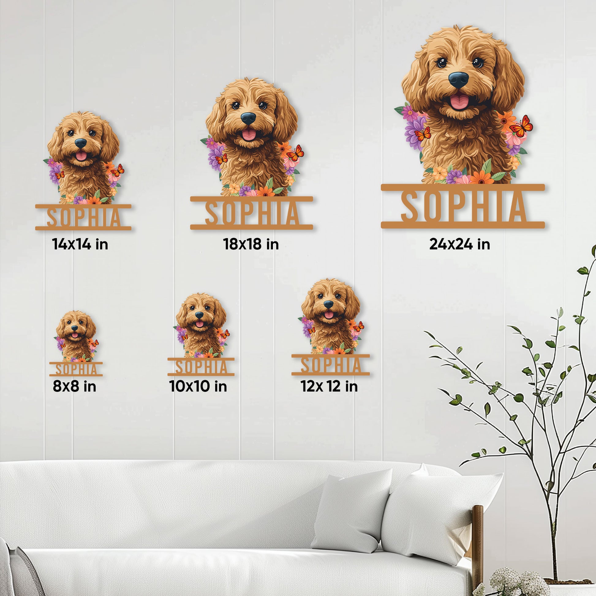 Goldendoodle metal sign size guide showing available square sizes from 8x8 to 24x24 inches