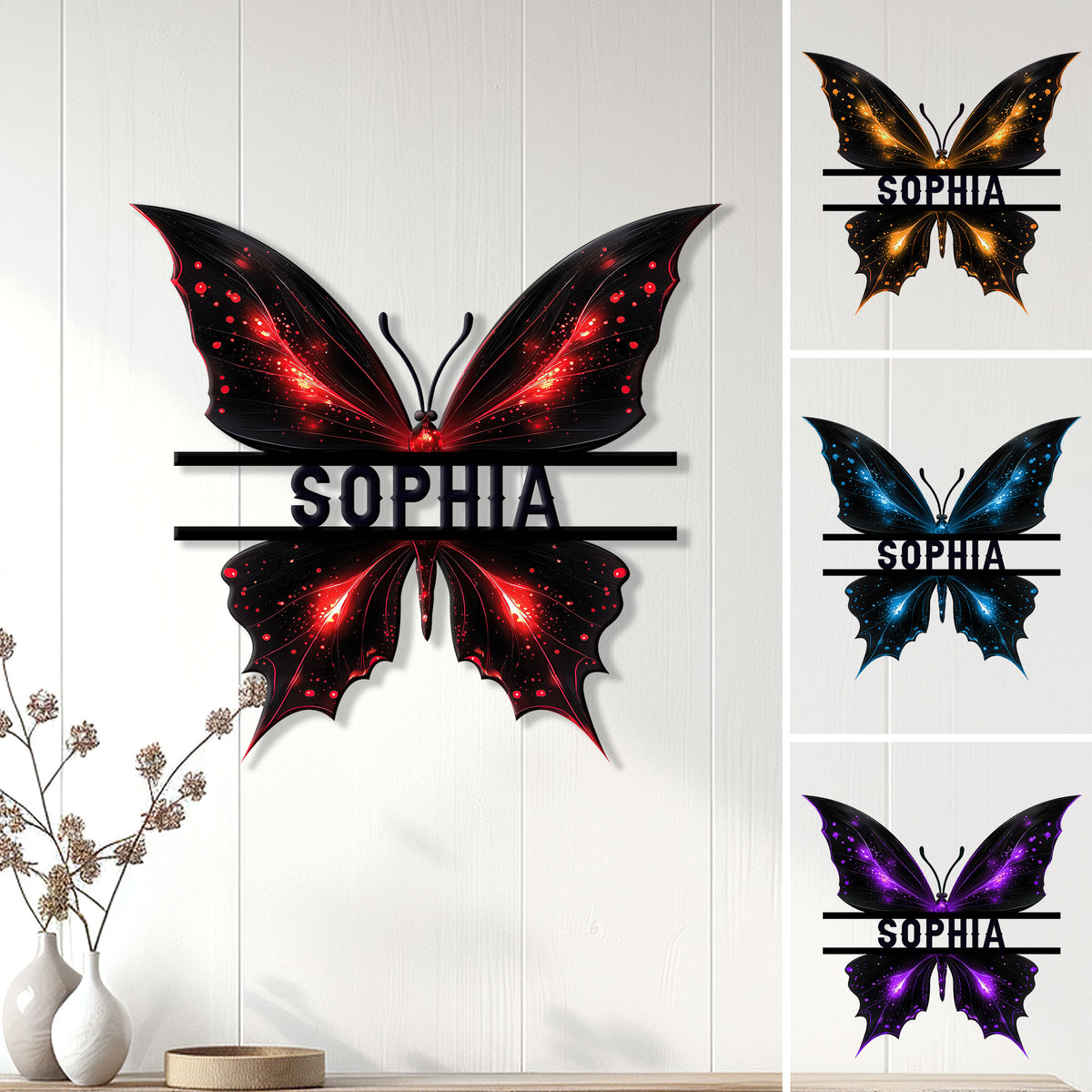 Black butterfly metal sign with vivid red wing accents displayed as dramatic wall decor