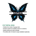 Blue fantasy butterfly metal sign shown with cut-metal construction details and bold wall decor design