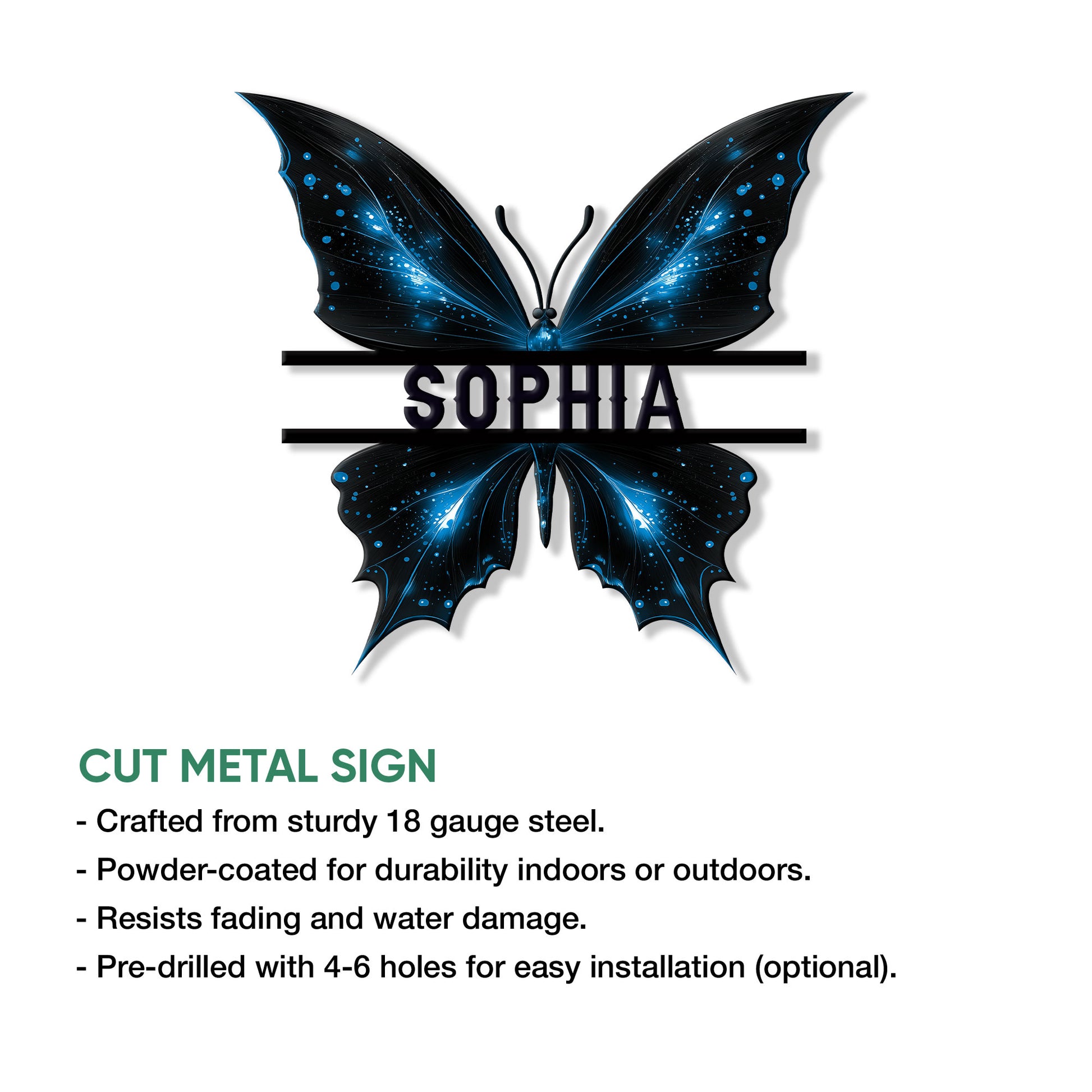 Blue fantasy butterfly metal sign shown with cut-metal construction details and bold wall decor design