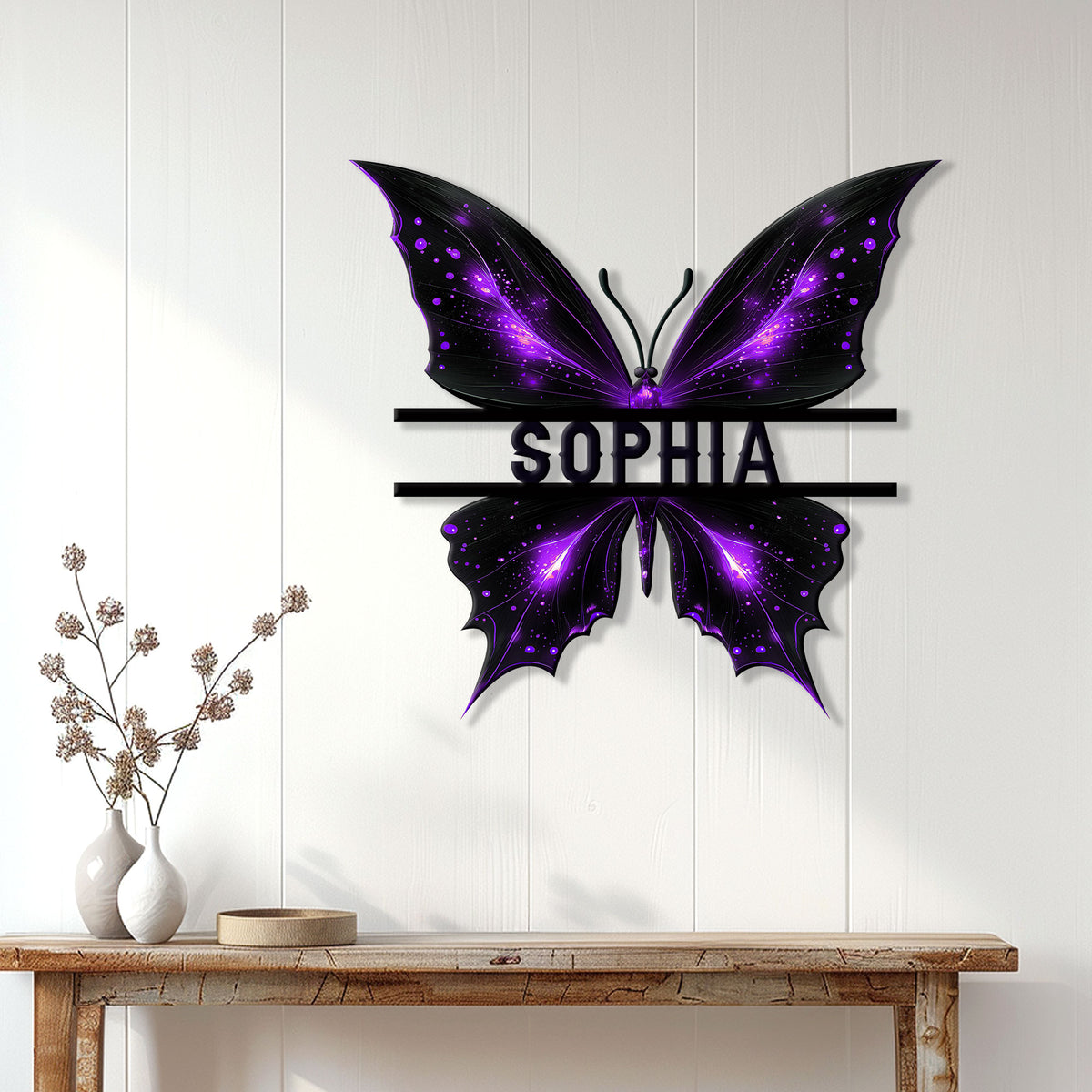 Purple butterfly wall sign styled above a console table in a modern home entryway