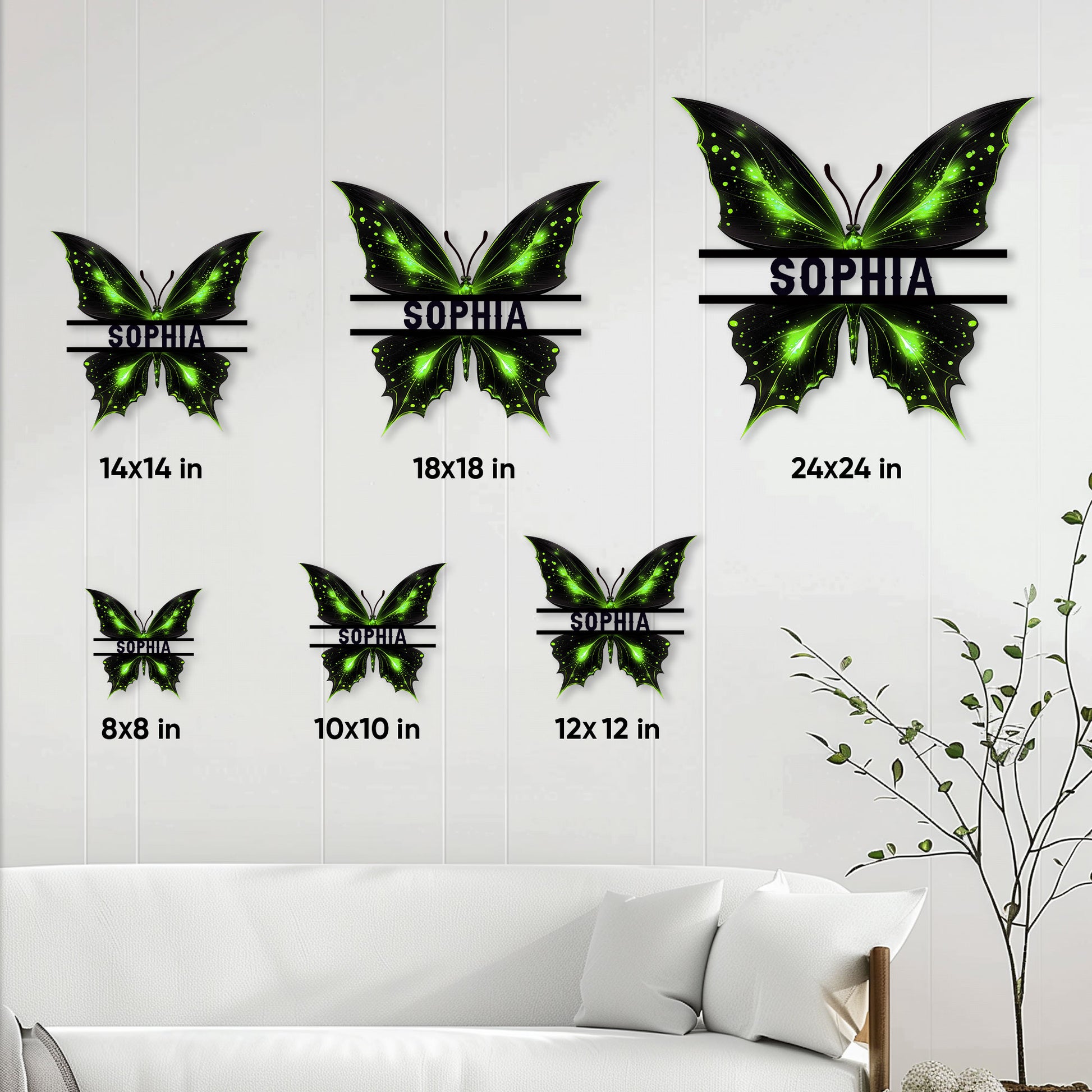 Butterfly metal sign size guide showing available 8, 10, 12, 14, 18, and 24 inch options
