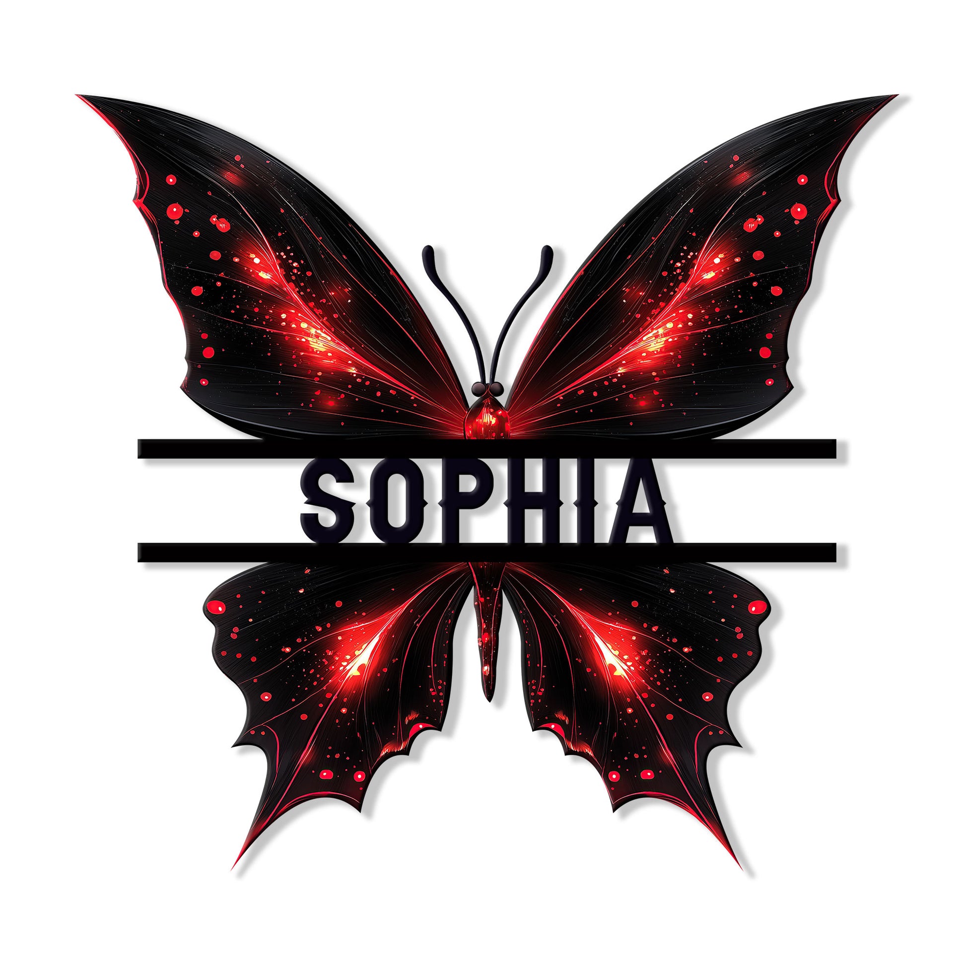 Close-up of a black butterfly metal sign with glowing red details and sculpted wing shapes