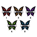 Butterfly metal sign color selection guide showing red, orange, purple, green, and blue options