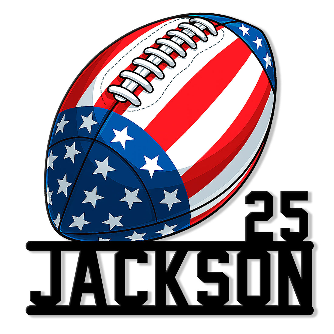 Patriotic American football metal sign featuring red, white, and blue stripes with star details