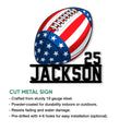 American football cut metal sign shown with product features and indoor or outdoor display information