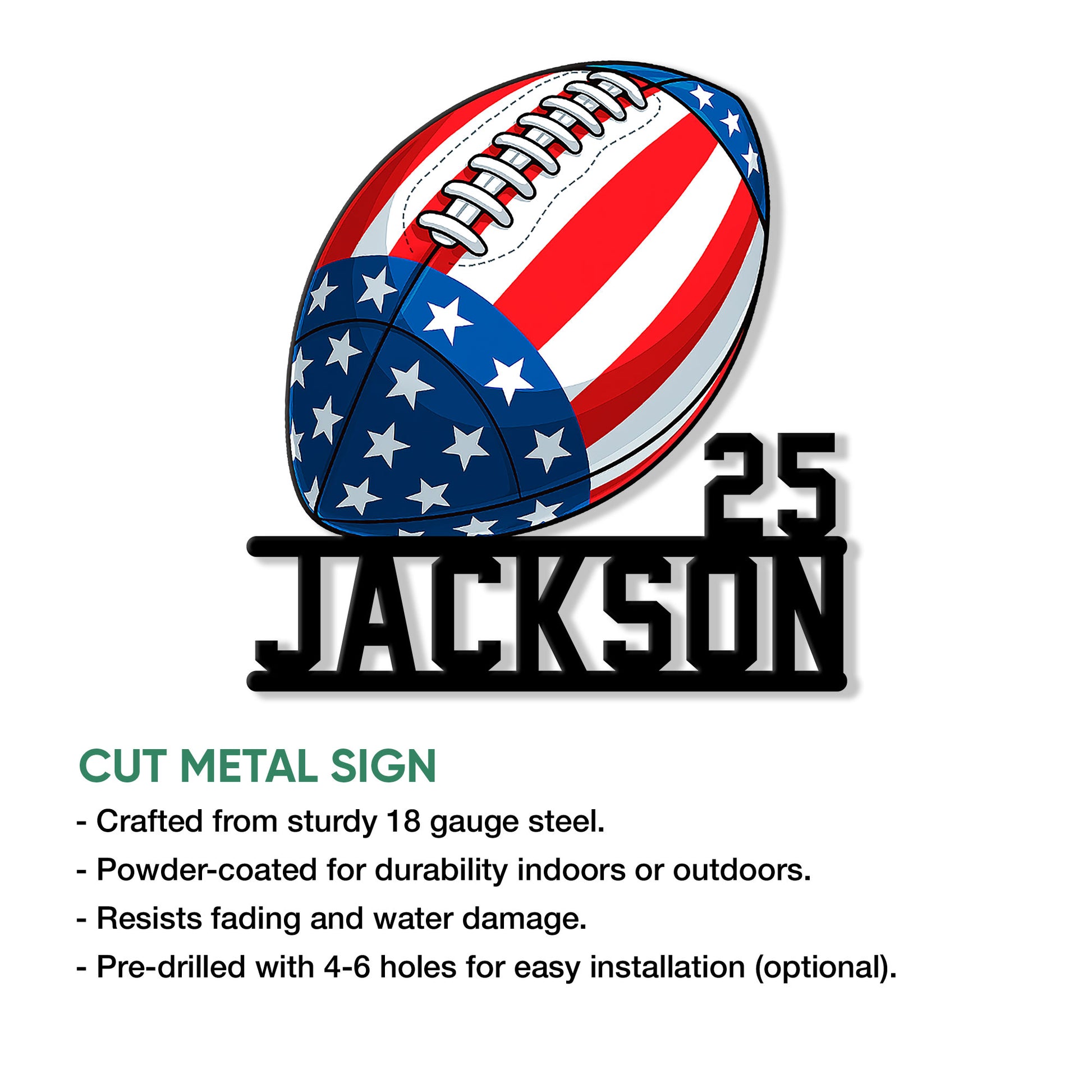 American football cut metal sign shown with product features and indoor or outdoor display information