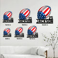 Football metal sign size guide showing six available square dimensions from 8 by 8 to 24 by 24 inches