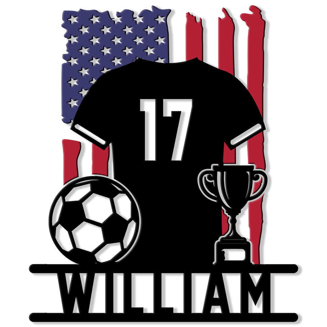 Custom soccer metal sign featuring a jersey, soccer ball, trophy, and American flag design