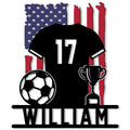 Custom soccer metal sign featuring a jersey, soccer ball, trophy, and American flag design