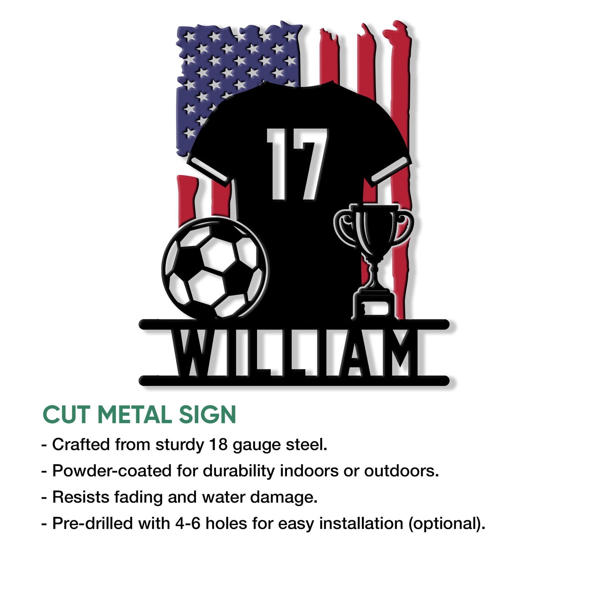 Soccer player metal sign shown as a cut metal wall decor design with ball and trophy details
