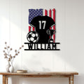 Soccer metal sign displayed on a light wood wall above a console table in a home setting