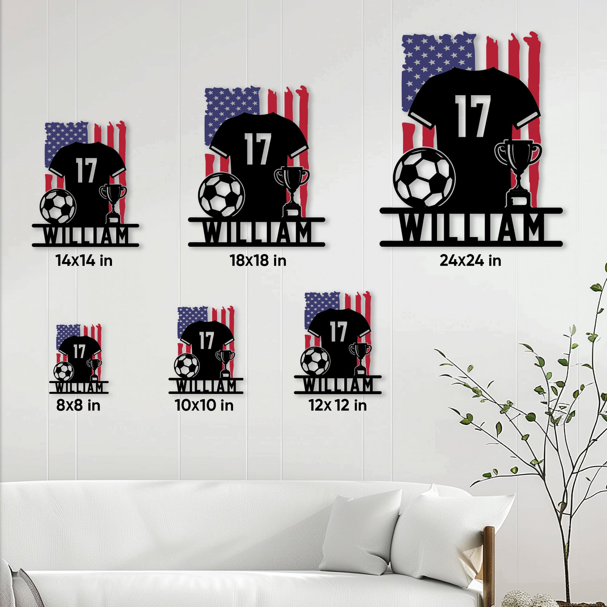 Soccer metal sign size guide showing six available square sizes from 8 by 8 to 24 by 24 inches