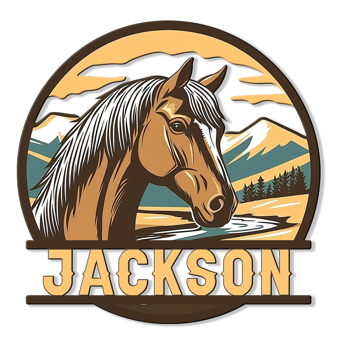 Custom horse metal sign featuring a detailed horse portrait, mountain landscape, evergreen trees, and a flowing stream