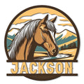 Custom horse metal sign featuring a detailed horse portrait, mountain landscape, evergreen trees, and a flowing stream