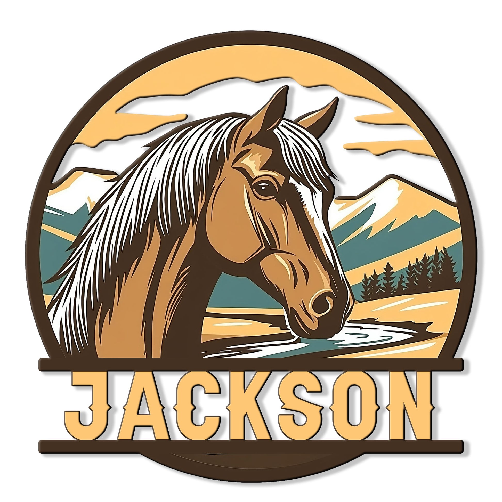 Custom horse metal sign featuring a detailed horse portrait, mountain landscape, evergreen trees, and a flowing stream