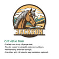 Horse metal sign product feature graphic showing the detailed mountain horse artwork and cut metal sign presentation