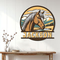 Horse wall decor displayed above a console table, bringing equestrian style and mountain scenery to a bright home