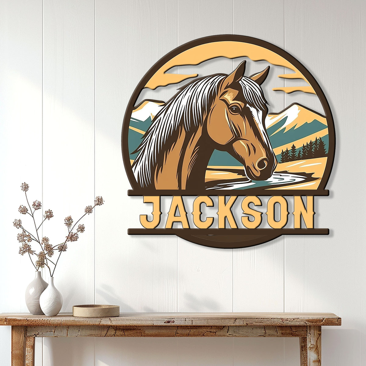 Horse wall decor displayed above a console table, bringing equestrian style and mountain scenery to a bright home