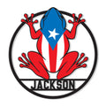 Puerto Rico frog metal sign featuring a colorful coquí-inspired design in red, white, blue, and black