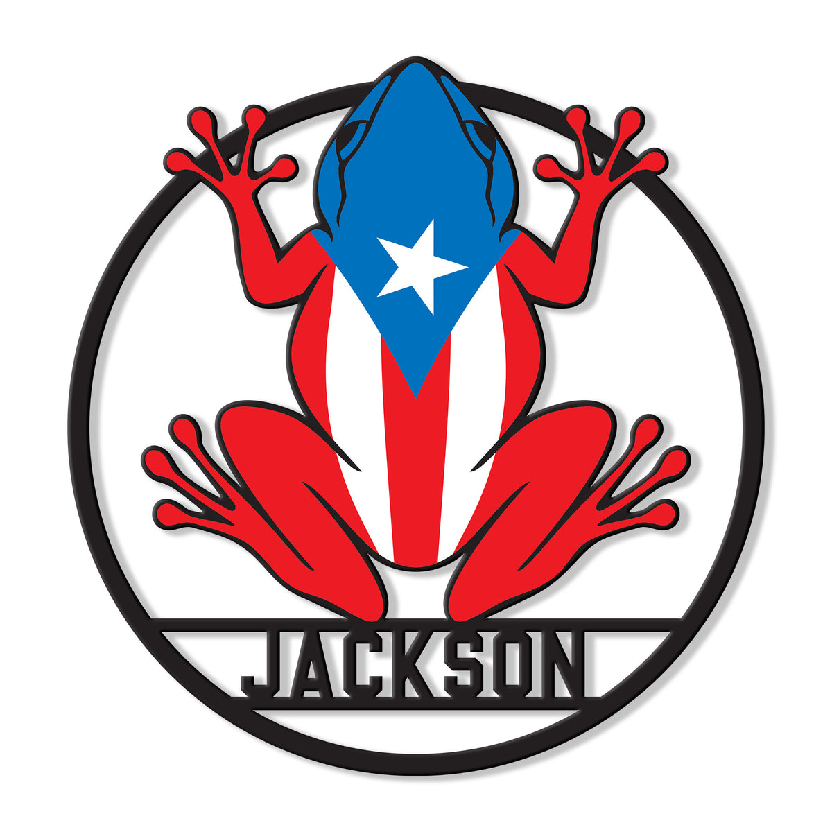 Puerto Rico frog metal sign featuring a colorful coquí-inspired design in red, white, blue, and black