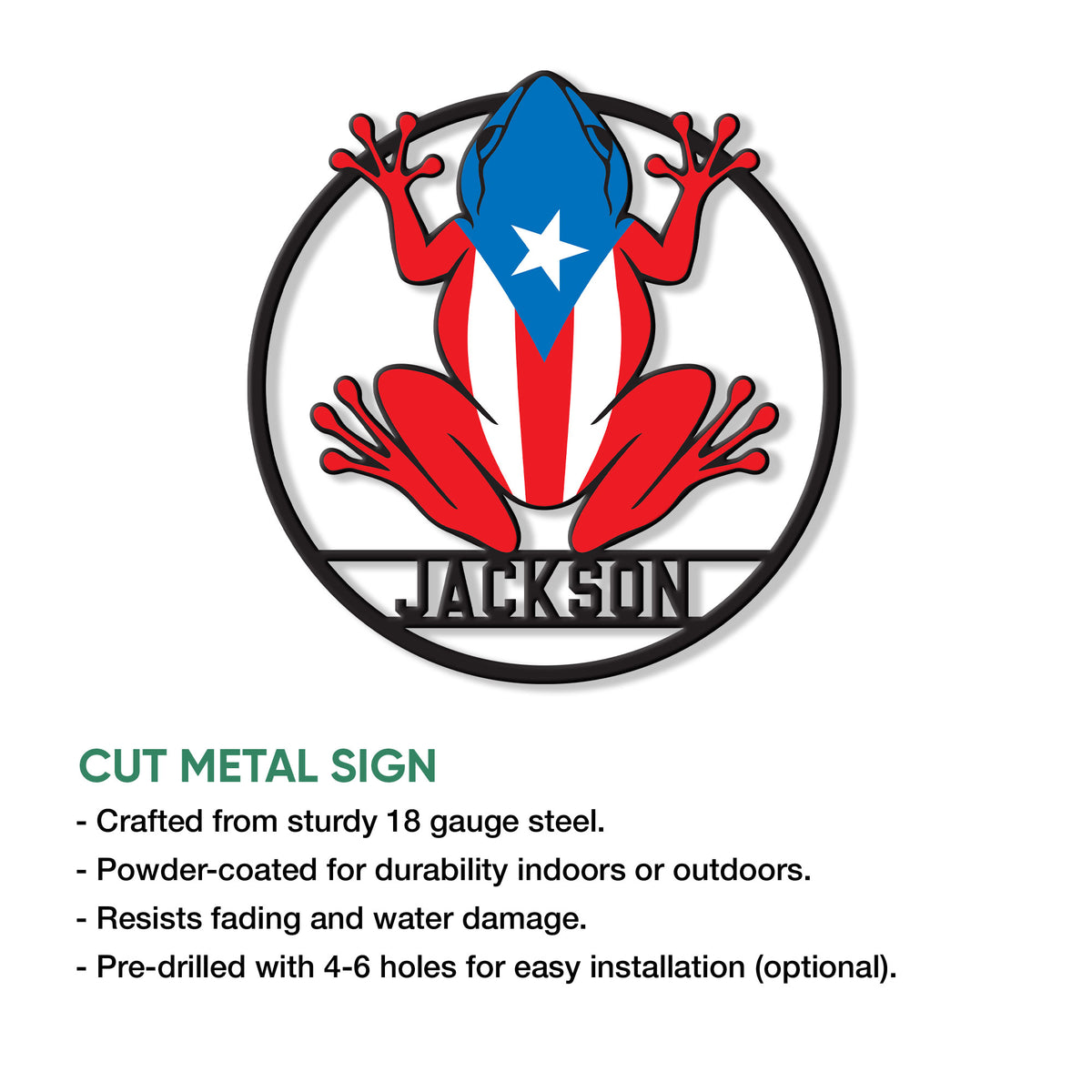 Close product view of a Puerto Rico frog metal sign with a bold circular cutout design