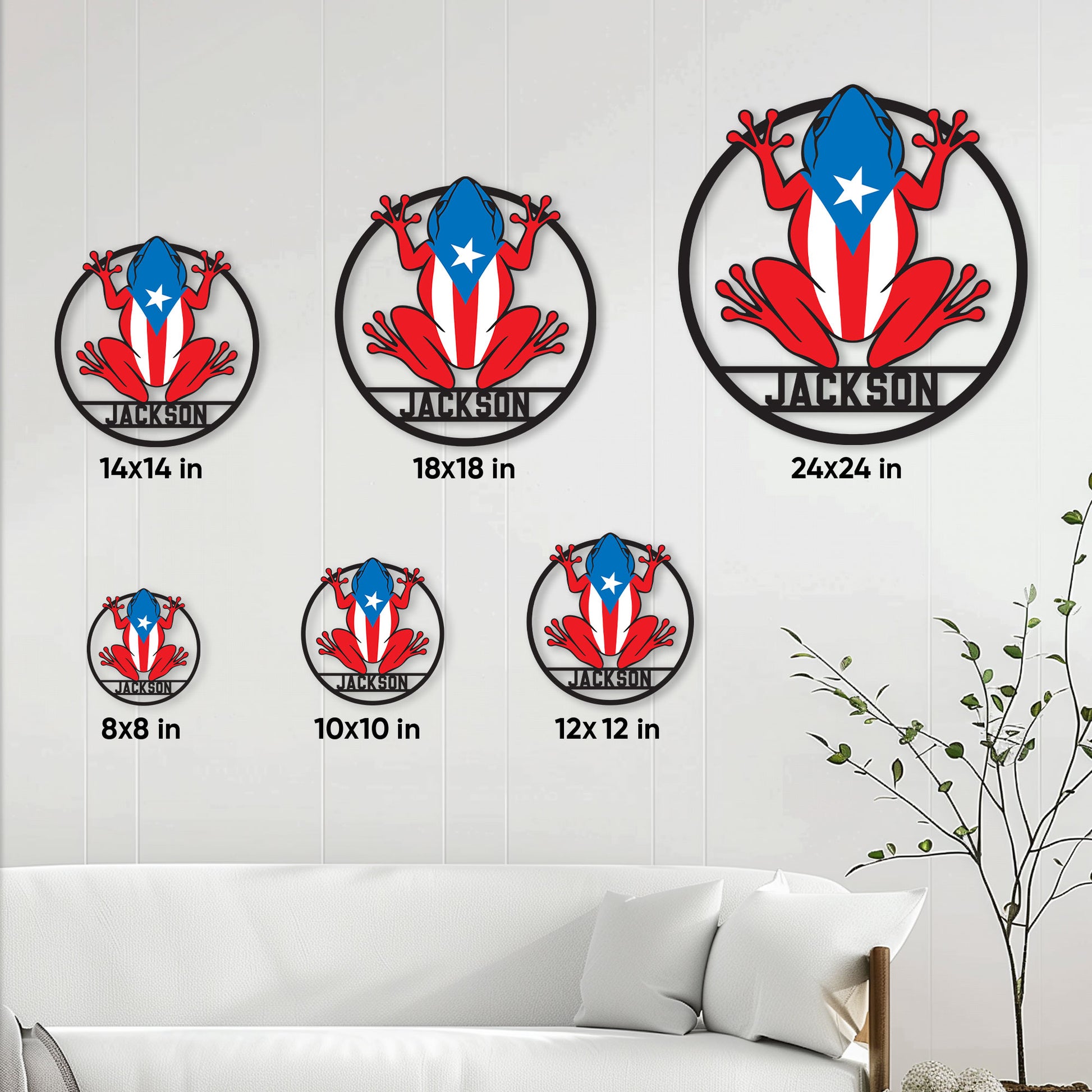 Puerto Rico frog metal sign size guide showing available sizes from 8 by 8 to 24 by 24 inches