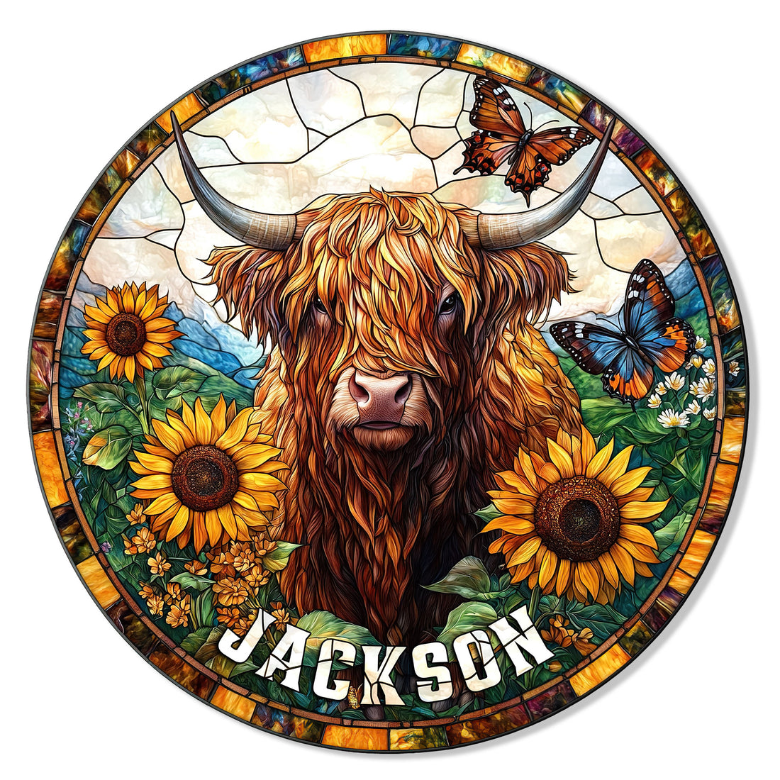 Stained glass style Highland cow metal sign surrounded by sunflowers, butterflies, and colorful floral scenery