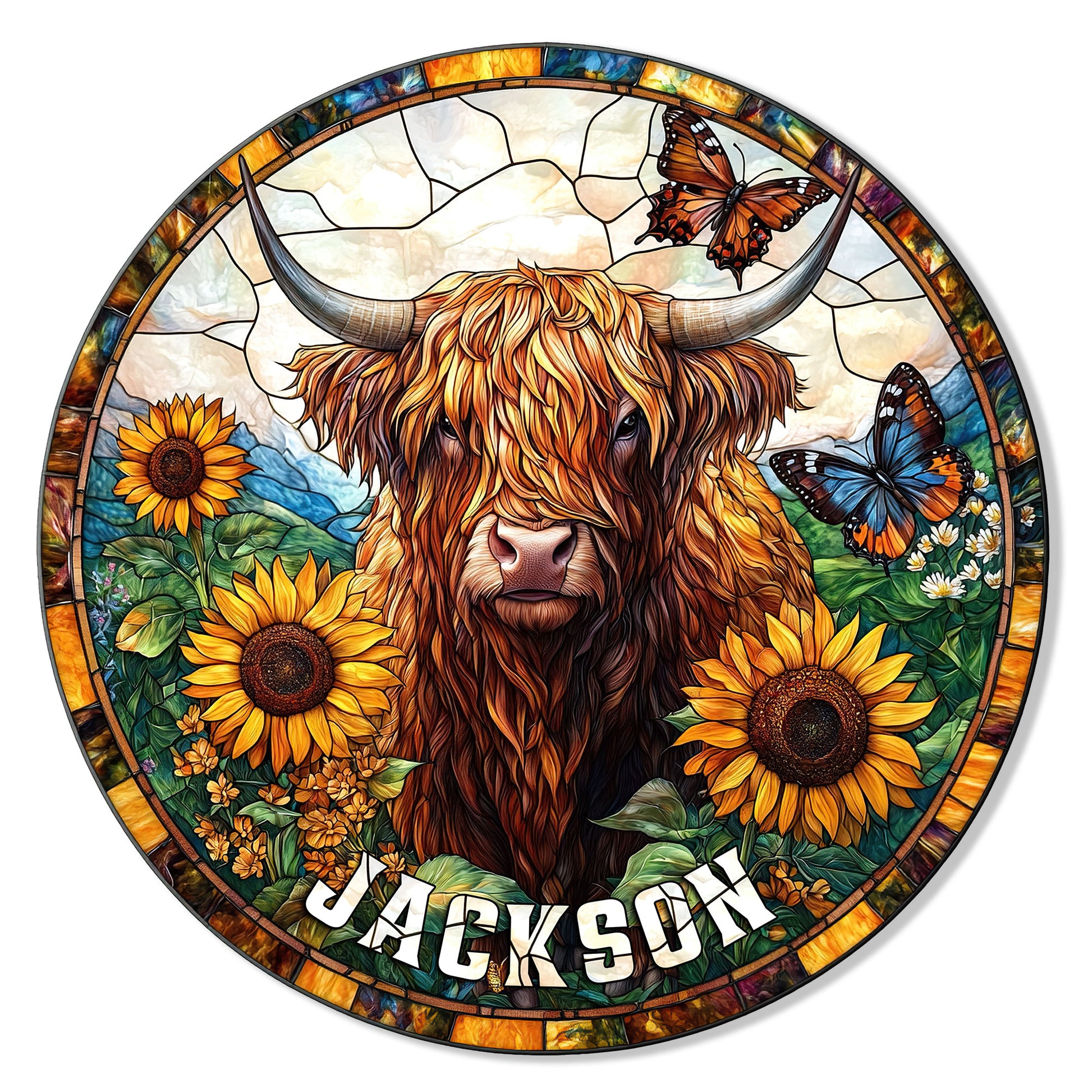 Stained glass style Highland cow metal sign surrounded by sunflowers, butterflies, and colorful floral scenery