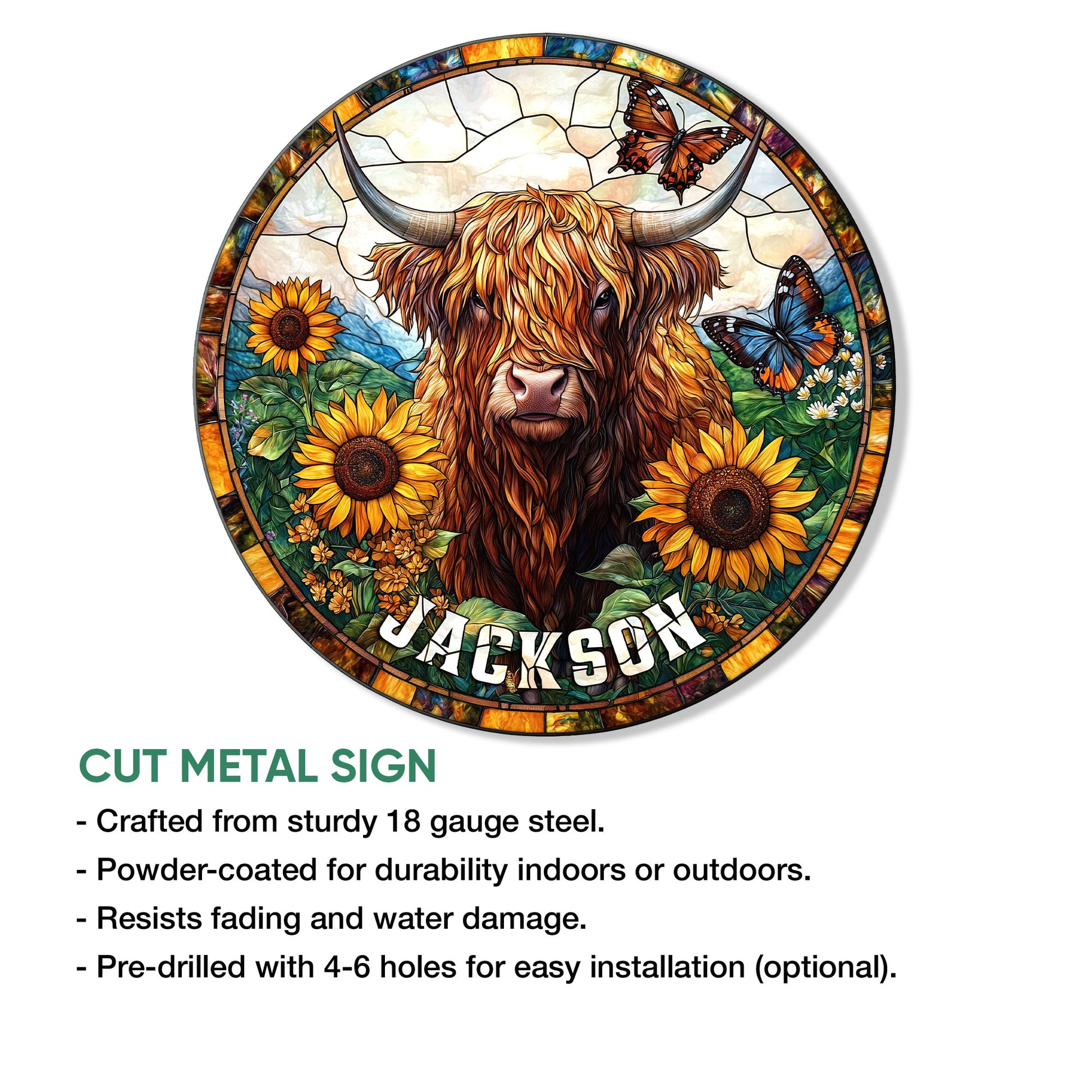 Highland cow metal sign feature graphic showing the round cut-metal design and product display details