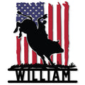 Rodeo metal sign featuring a bucking bull rider silhouette against a distressed American flag