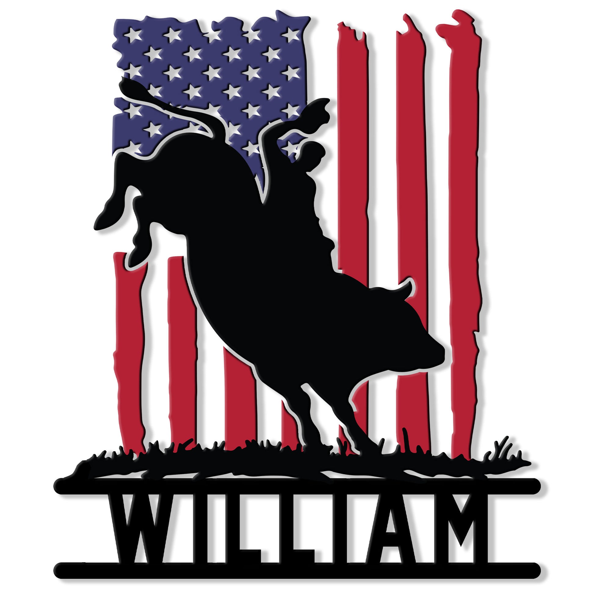 Rodeo metal sign featuring a bucking bull rider silhouette against a distressed American flag