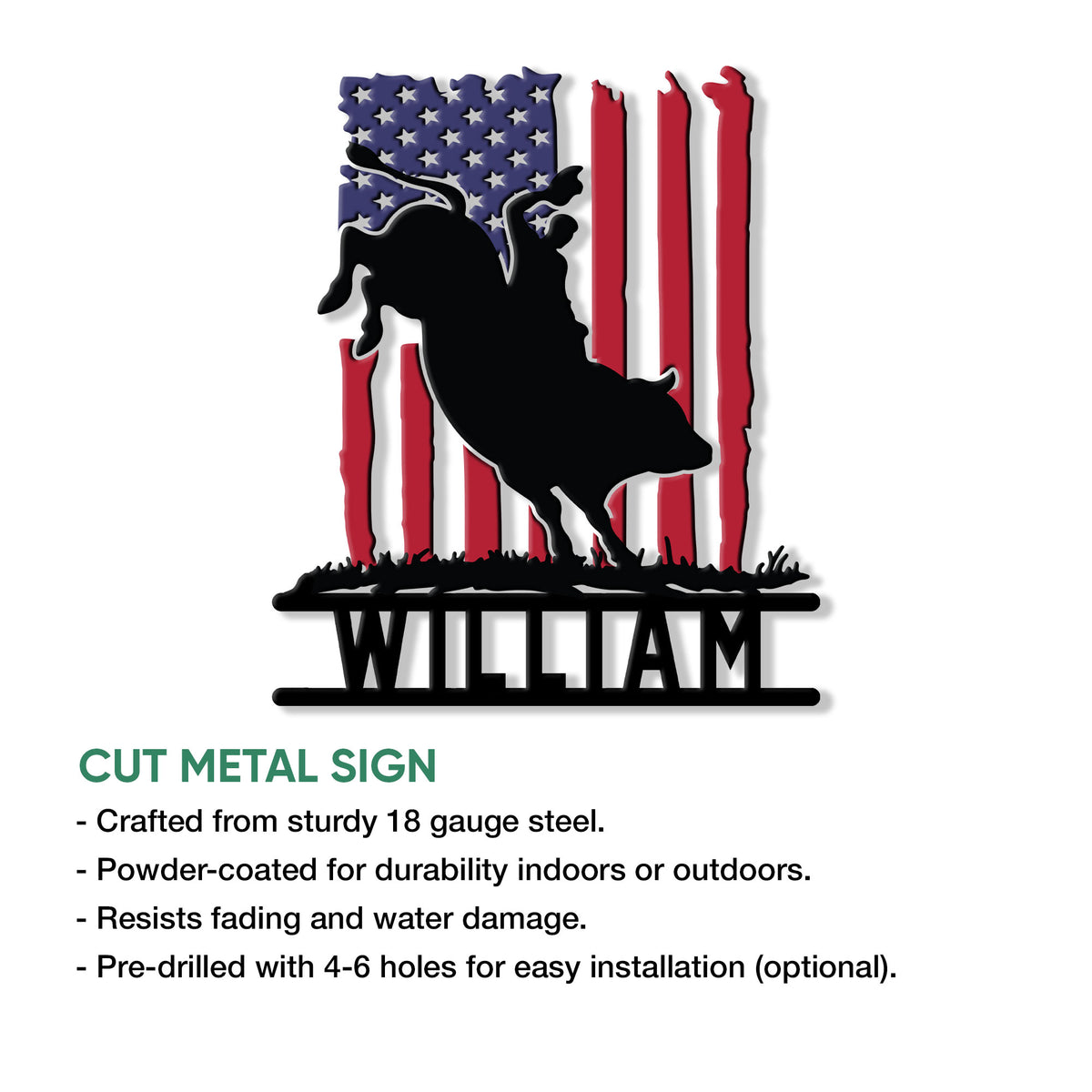 Rodeo bull rider metal sign shown in a product feature graphic with the American flag design