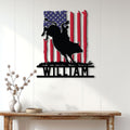 Rodeo bull rider wall sign displayed on white wood paneling above a rustic console table