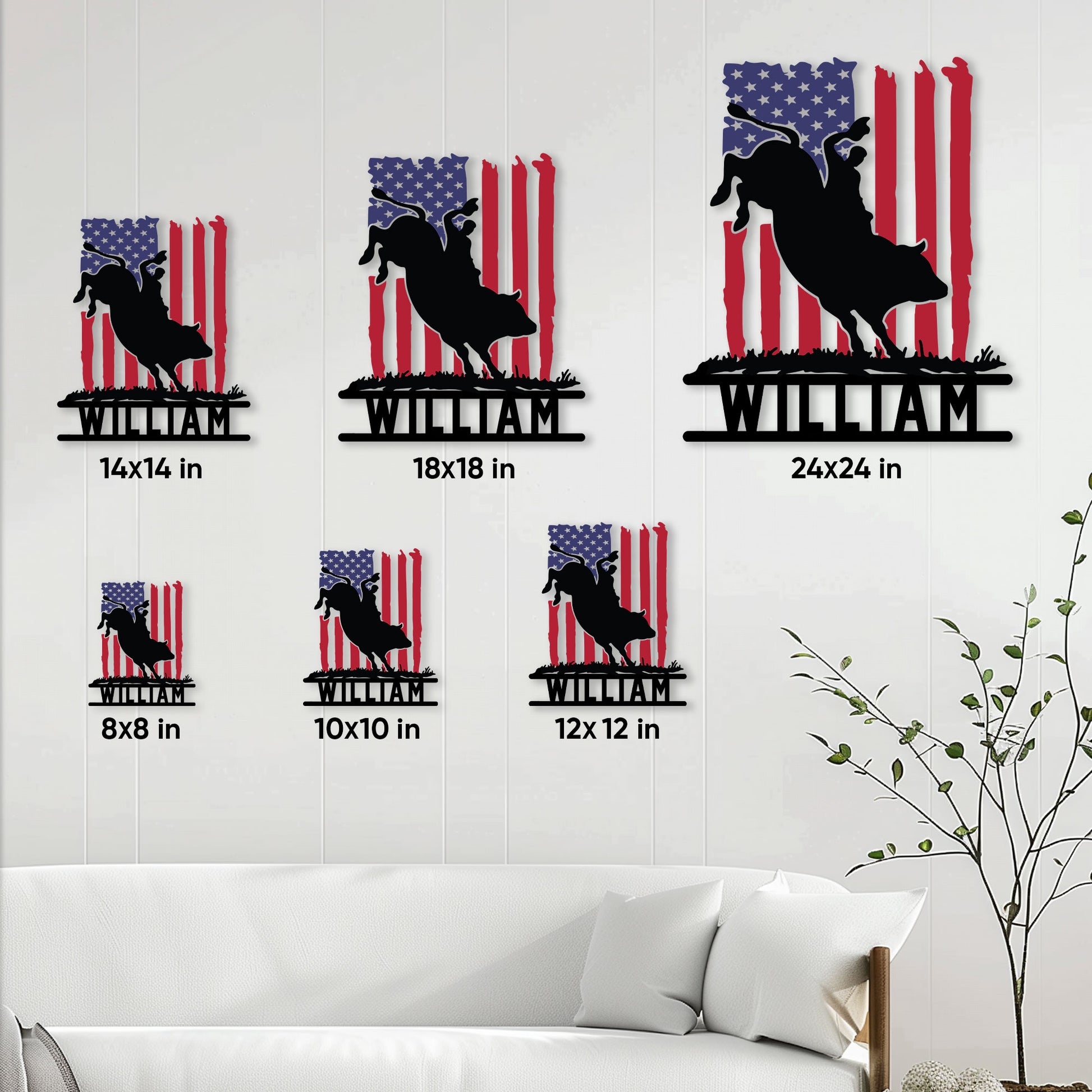 Rodeo bull rider metal sign shown in multiple size options on a bright living room wall