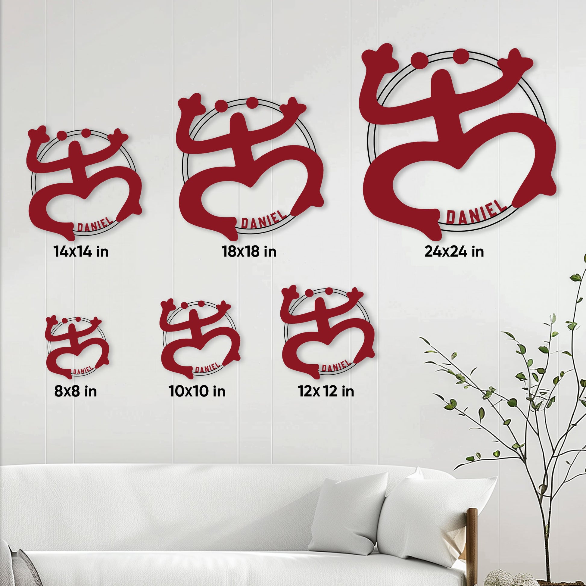 Puerto Rico metal sign size guide showing six square size options from 8 by 8 to 24 by 24 inches