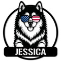 Alaskan Malamute metal sign featuring a cheerful dog portrait wearing American flag sunglasses